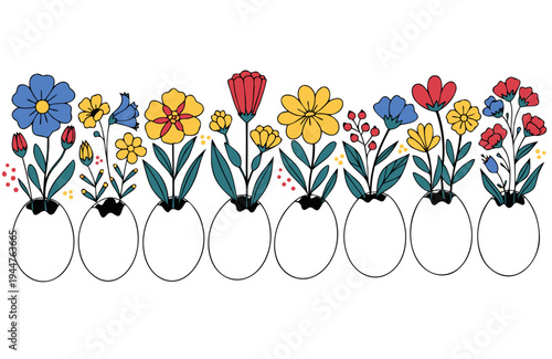 Top  view of white eggs laid out in a row with spring flowers blooming from them isolated  on the white background