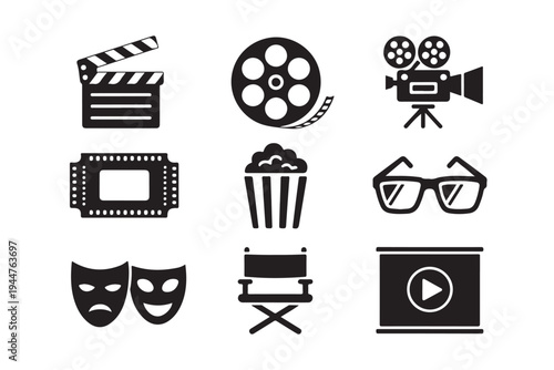 Cinema and entertainment industry icons featuring clapboard reel camera ticket popcorn glasses drama masks and director chair for multimedia production and video screening presentations