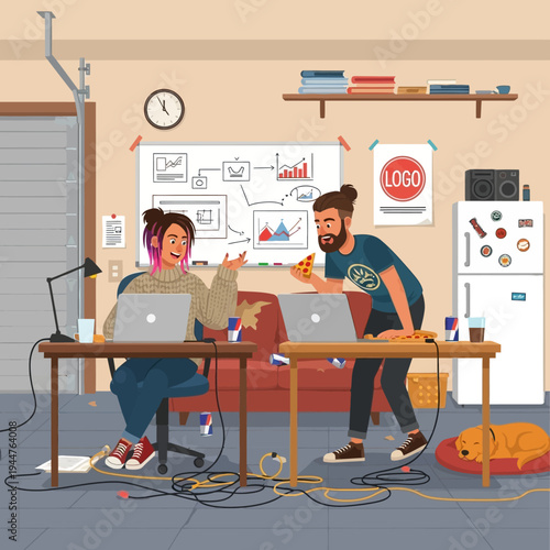 Creative team brainstorming ideas in modern office vector illustration flat design