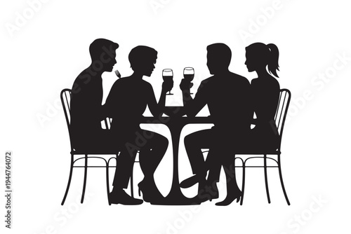 People dining at a restaurant, four friends enjoying meal and drinks together, silhouetted figures having conversation, social gathering with wine glasses and good food