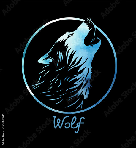 Wolf howling at the moon blue abstract . Hand drawn. Not AI, vector illustration.
