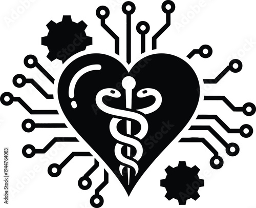 Medical technology silhouette heart with circuit board and rod of asclepius