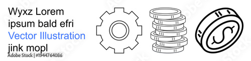 Financial technology, investments, digital currency, earnings, transactions, economy. Gear, coins stack and currency label in black outlines. Financial technology and investments concept