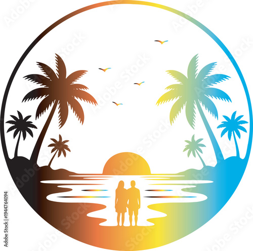 Silhouetted couple embracing on a tropical beach at sunset gazing at the vibrant colorful ocean reflecting the gradient sky with palm trees framing the idyllic scene evoking romance and vacation