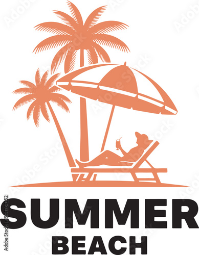 Vibrant orange silhouette of a person relaxing on a beach chair under a striped umbrella flanked by palm trees with 'summer beach' text below evoking tropical vacation and leisure