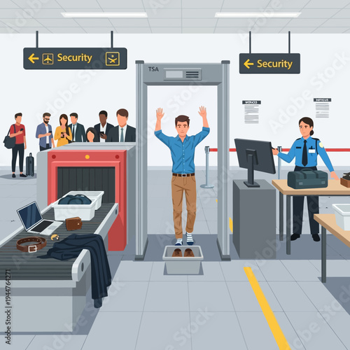 Business security check airport metal detector scan vector illustration flat design