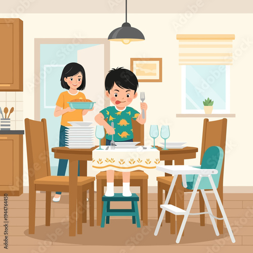 Mother and child baking in cozy kitchen vector illustration flat design
