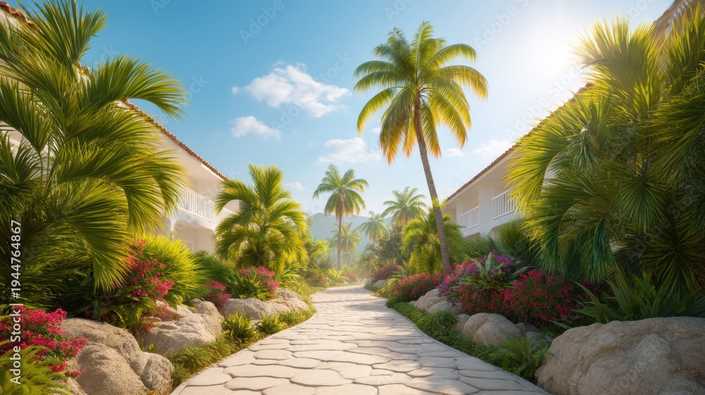 Fototapeta premium Serene Tropical Pathway Surrounded by Lush Greenery and Colorful Flowers in a Sunny Resort Environment