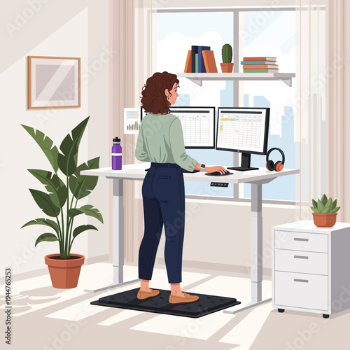 Woman working at standing desk in home office vector illustration flat design