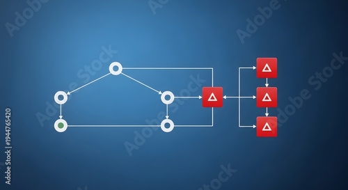 A flowchart with white symbols and red boxes on a blue background with a gradient effect and white lines