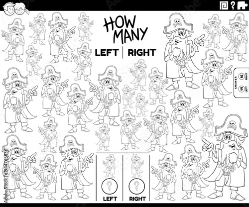 counting left and right pictures of cartoon pirate captain character coloring page
