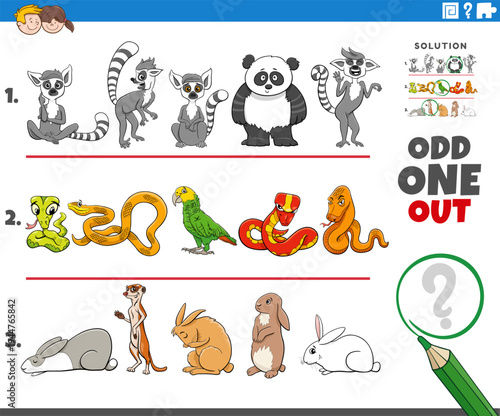 odd one out activity game with cartoon animal characters