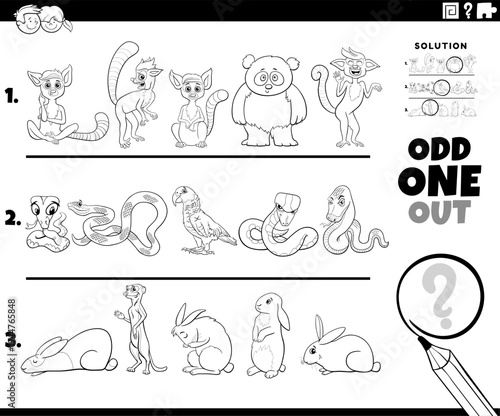 odd one out activity game with cartoon animal characters coloring page