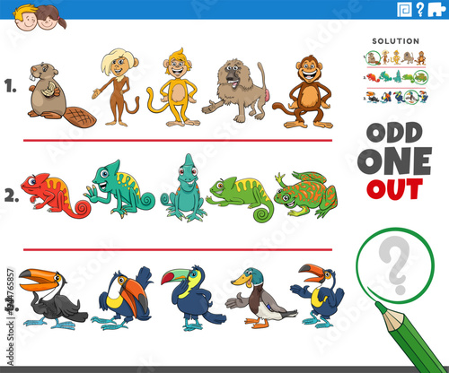 odd one out activity game with funny cartoon animal characters