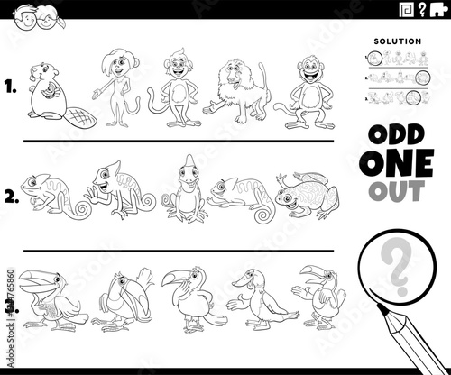 odd one out activity game with funny cartoon animal characters coloring page