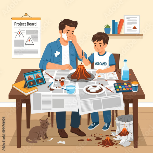 Father and son baking holiday cookies together flat design vector illustration