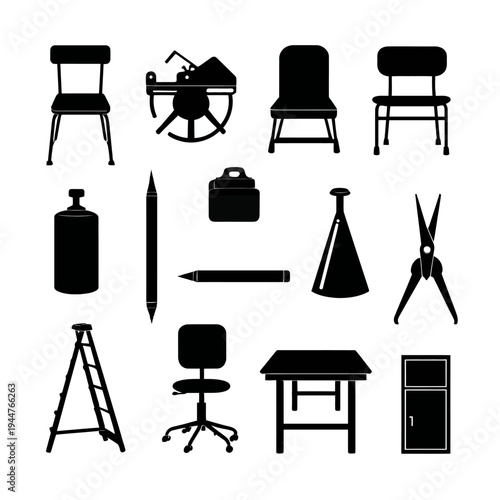 Collection of Silhouetted Objects and Furniture Items.