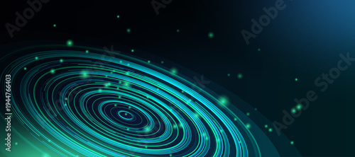 Neon radar concentric circles with sound waves. Futuristic background, concept of artificial intelligence proliferation, Wi-Fi range, radio signals, and GPS sonar effects. Vector illustration