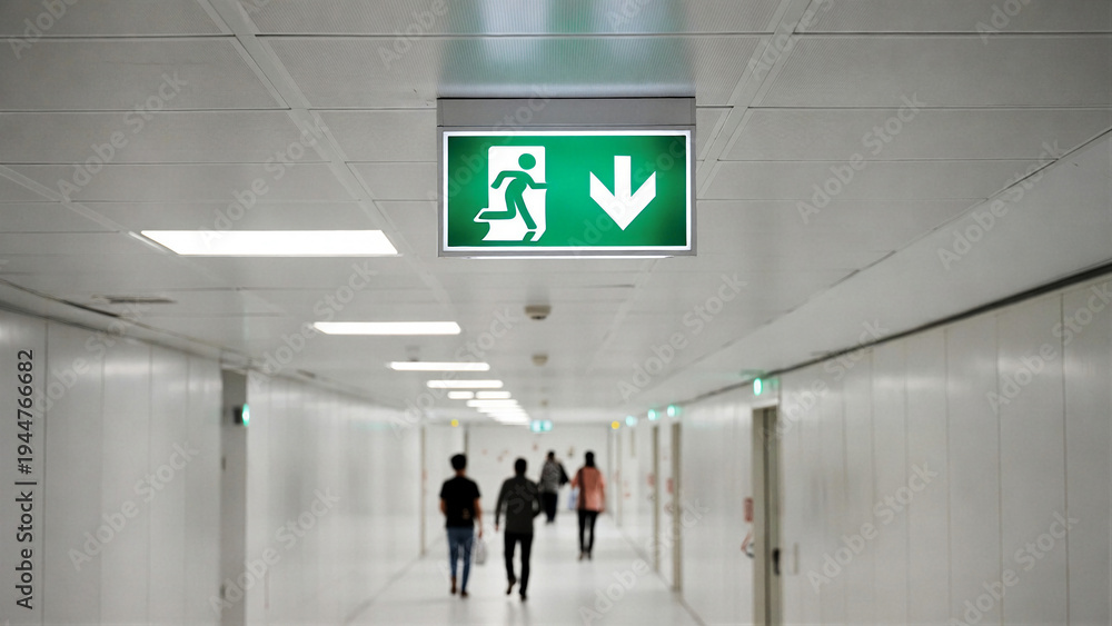 Fototapeta premium An illuminated green exit sign directs people down a sterile, modern hallway.