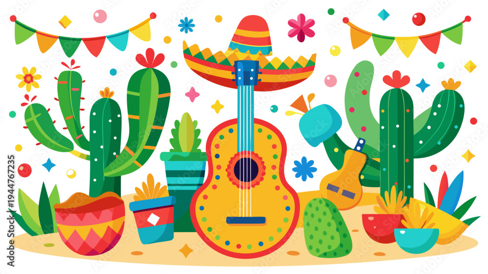 Naklejka premium Festive Mexican Celebration Vector with Guitar Sombrero and Cactus