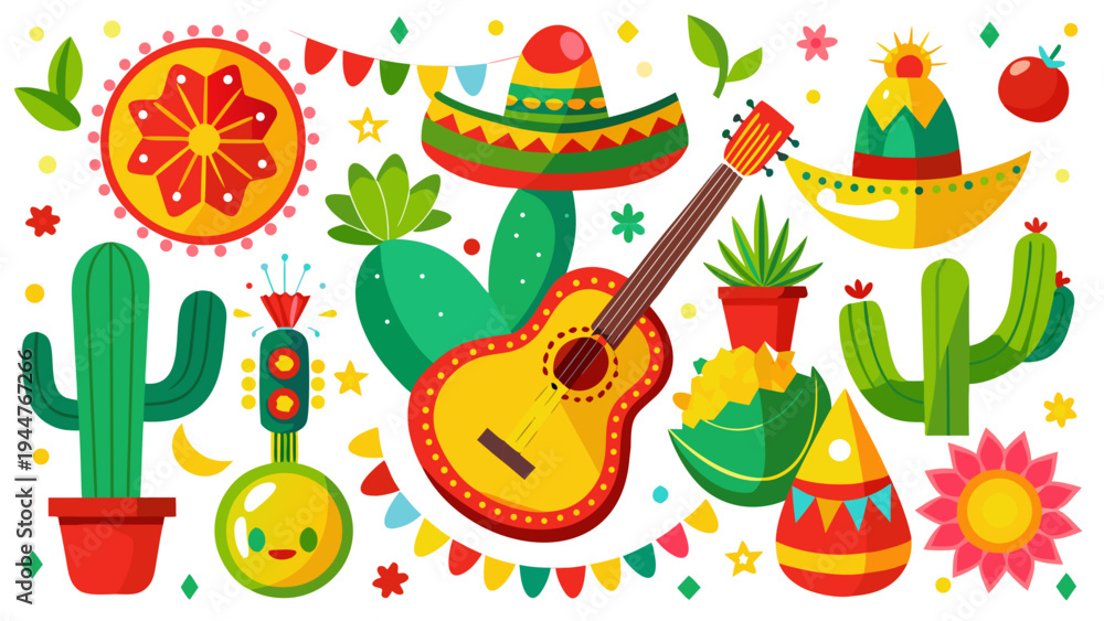 Fototapeta premium Mexican Fiesta Vector Illustration with Guitar Sombrero and Cactus