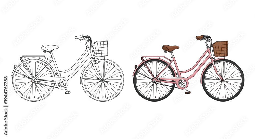Fototapeta premium Bicycle line art and color template show commuter style.