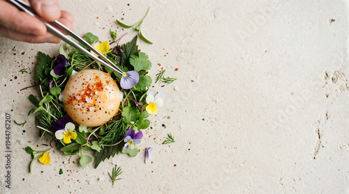 gourmet egg dish edible flowers fine dining plate top view
