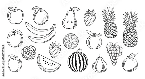Assorted fresh fruit line drawings show healthy food.