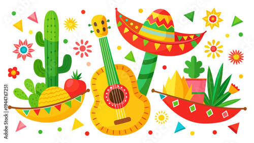 Mexican Fiesta Vector Illustration with Sombrero Guitar and Cactus
