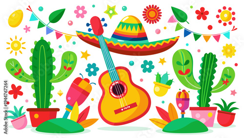 Colorful Mexican Fiesta Vector Illustration with Sombrero and Guitar