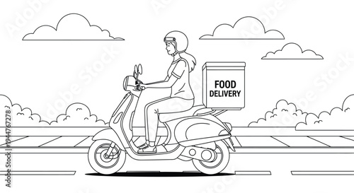 The delivery person rides a scooter with a food cargo box.