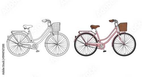 Bicycle line art and color template show commuter style.