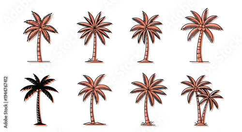 Eight tropical palm tree silhouettes display various.