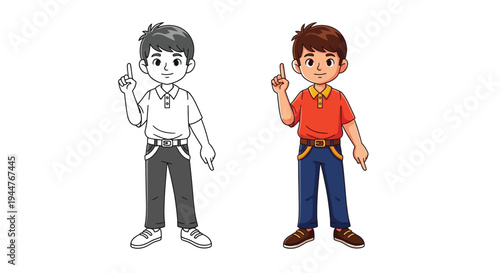 The boy points upward, showing the idea next to the monochrome version.