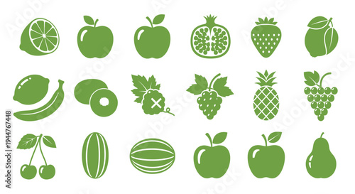 The green fruit icon set shows various natural healthy foods.