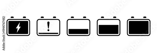 Car battery icons status black set. Isolated accumulator power level signs on white background. Car battery flat charge symbols. Full charge, empty, warning design concept. Vector illustration.