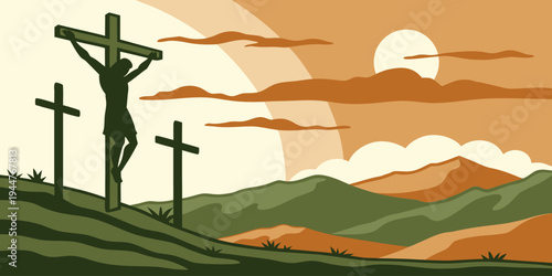 Scenic Christian landscape with three crosses on hill during dramatic sunset. Symbolic Calvary scene representing sacrifice of Jesus Christ for Easter, Good Friday and religious worship themes.