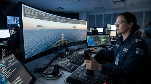 Female operator working with multiple computer monitors in control room monitoring maritime navigation systems
