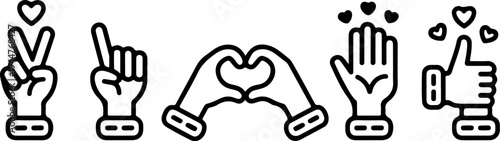 Five black and white line icons depicting various hand gestures including peace sign, pointing, heart shape, adoration, and thumbs up symbol.