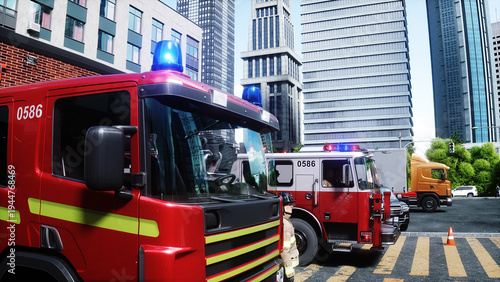 fire fighter and fire truck near the fire station. Fire department. 3d rendering.