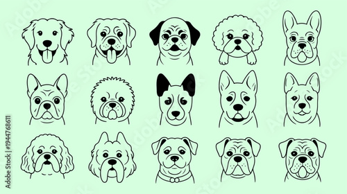Fifteen simple line art portraits depicting various dog breeds facing forward, suitable for use in pet care or animal identification materials.