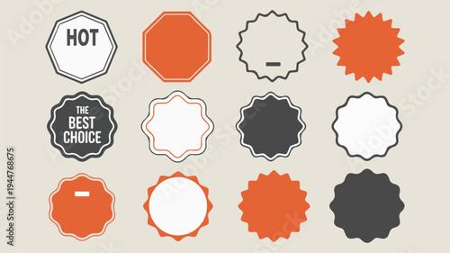 Collection of twelve geometric and starburst shaped badges featuring various colors and simple text labels like HOT and THE BEST CHOICE for sales promotion.