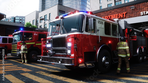 fire truck near the fire station. Fire department. 3d rendering.