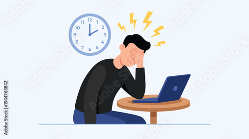 Stressed man overwhelmed with work and deadlines facing time pressure