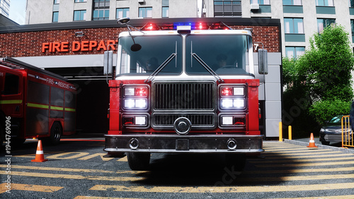 fire truck near the fire station. Fire department. 3d rendering.