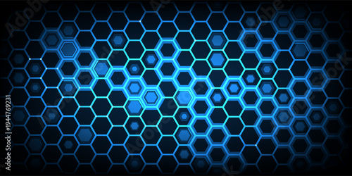Hexagonal abstract technology background vector illustration. Futuristic banner with blue hexagons and shiny lights. Sci fi banner  cover or template for your design.