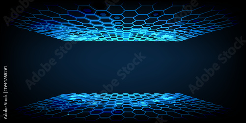 Hexagonal abstract technology background vector illustration. Futuristic banner with blue hexagons and shiny lights. Sci fi banner  cover or template for your design.