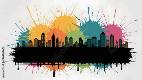 Silhouette of a dense urban cityscape sits atop a black ink splatter banner contrasted by vibrant, multi-colored paint splashes radiating outward behind the buildings.