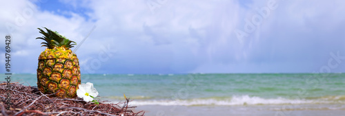 Sandy beach with fresh drink in pineapple fruit.