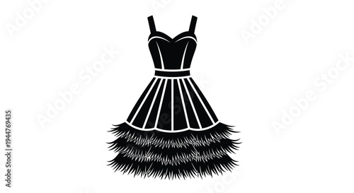 Vector illustration of a black evening dress with feathered skirt